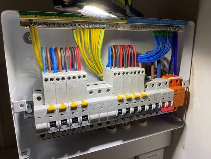 Modern consumer unit with RCBOs and surge protection devices